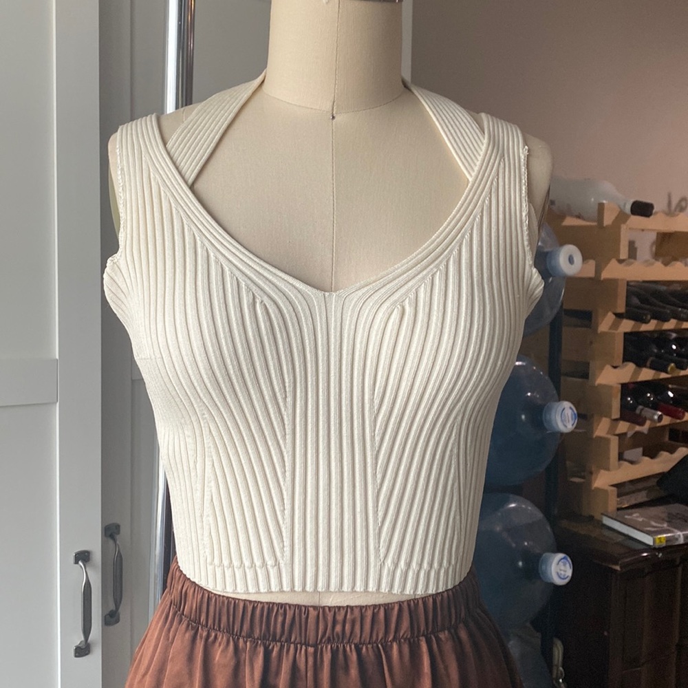 SAMPLE Jonathan Simkhai Cream Cut Out Halter Tank Top Crop Layering Ribbed